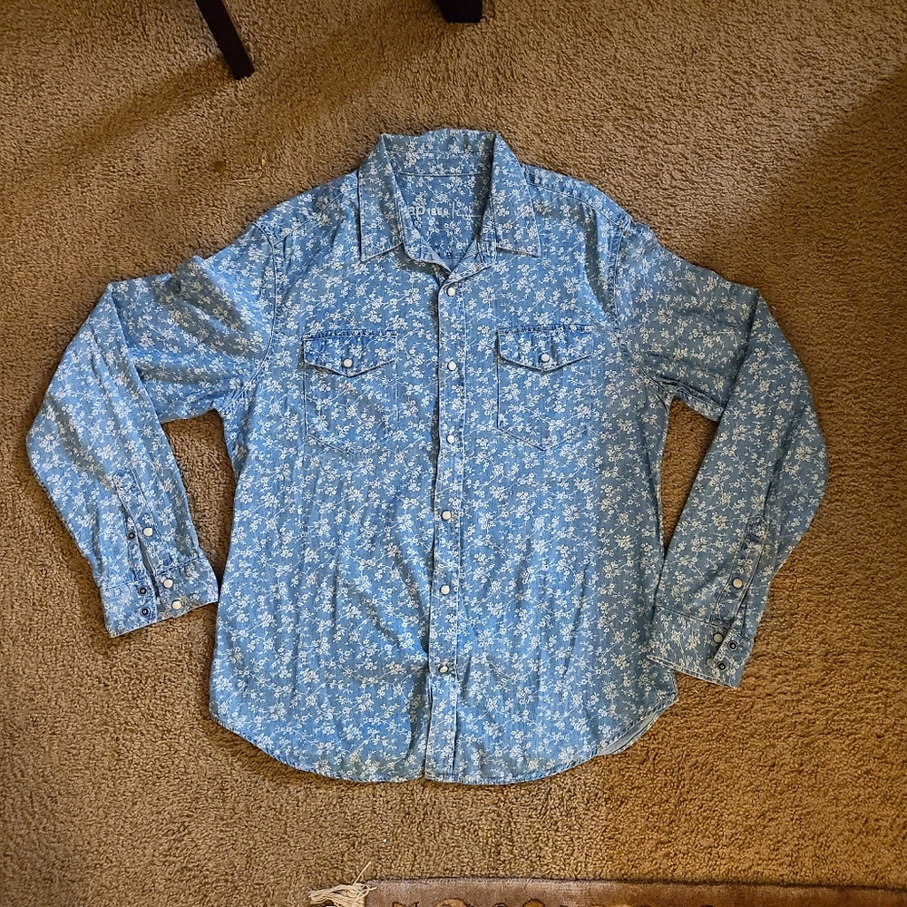 Gap - Blue Chambray Floral Print L Shirt Men's